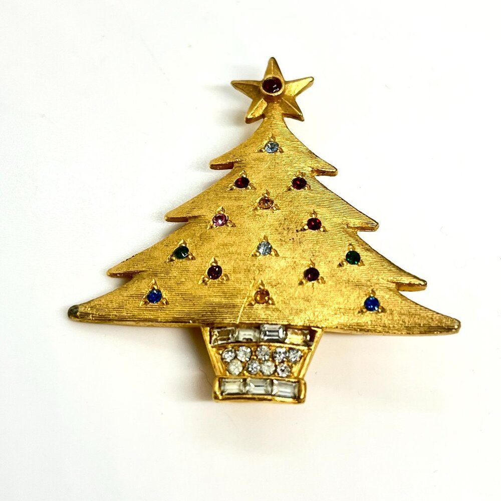 VINTAGE DENICOLA CHRISTMAS Tree Brooch Brush Gold Tone Multicolor Rhinestone Pin